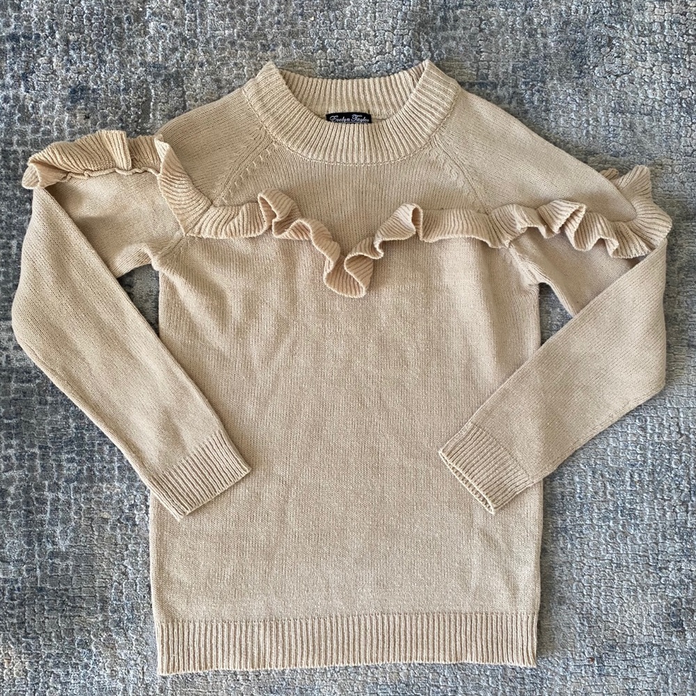 Ruffle front yoke crew neck sweater